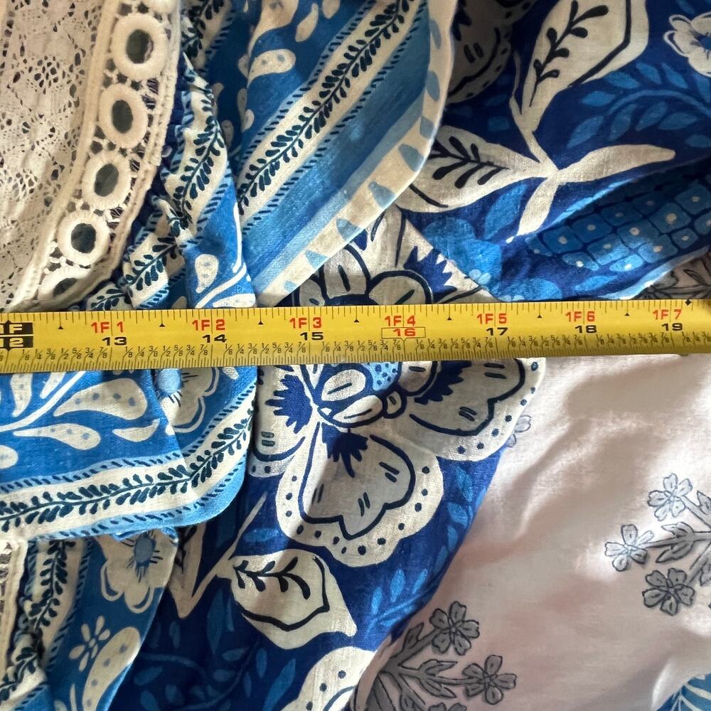 Farm Rio Floral Linen Jumpsuit Tropical Puff Sleeve Women Medium NWT Blue White - Picture 6 of 10